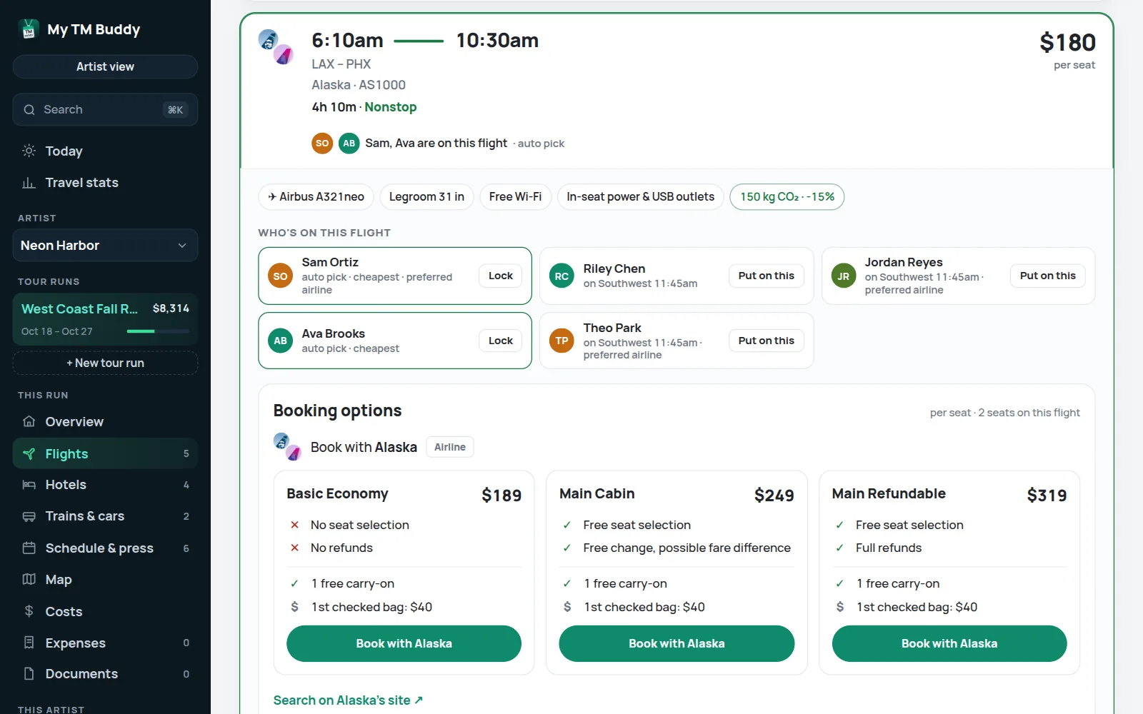 A flight's booking options: Basic Economy, Main Cabin and Refundable fares with bag fees, each with a Book with the airline button