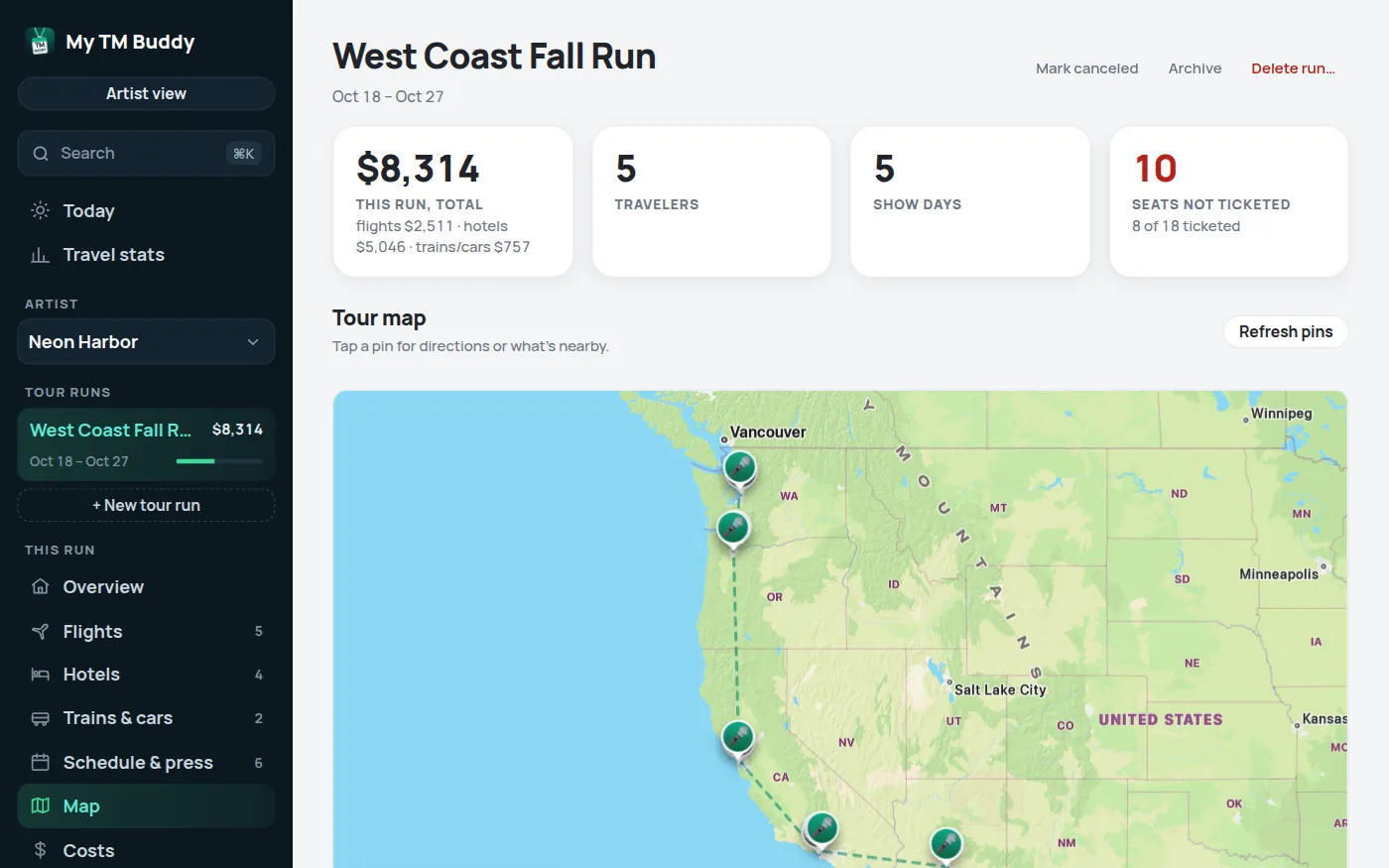 Tour map with venues across the West Coast