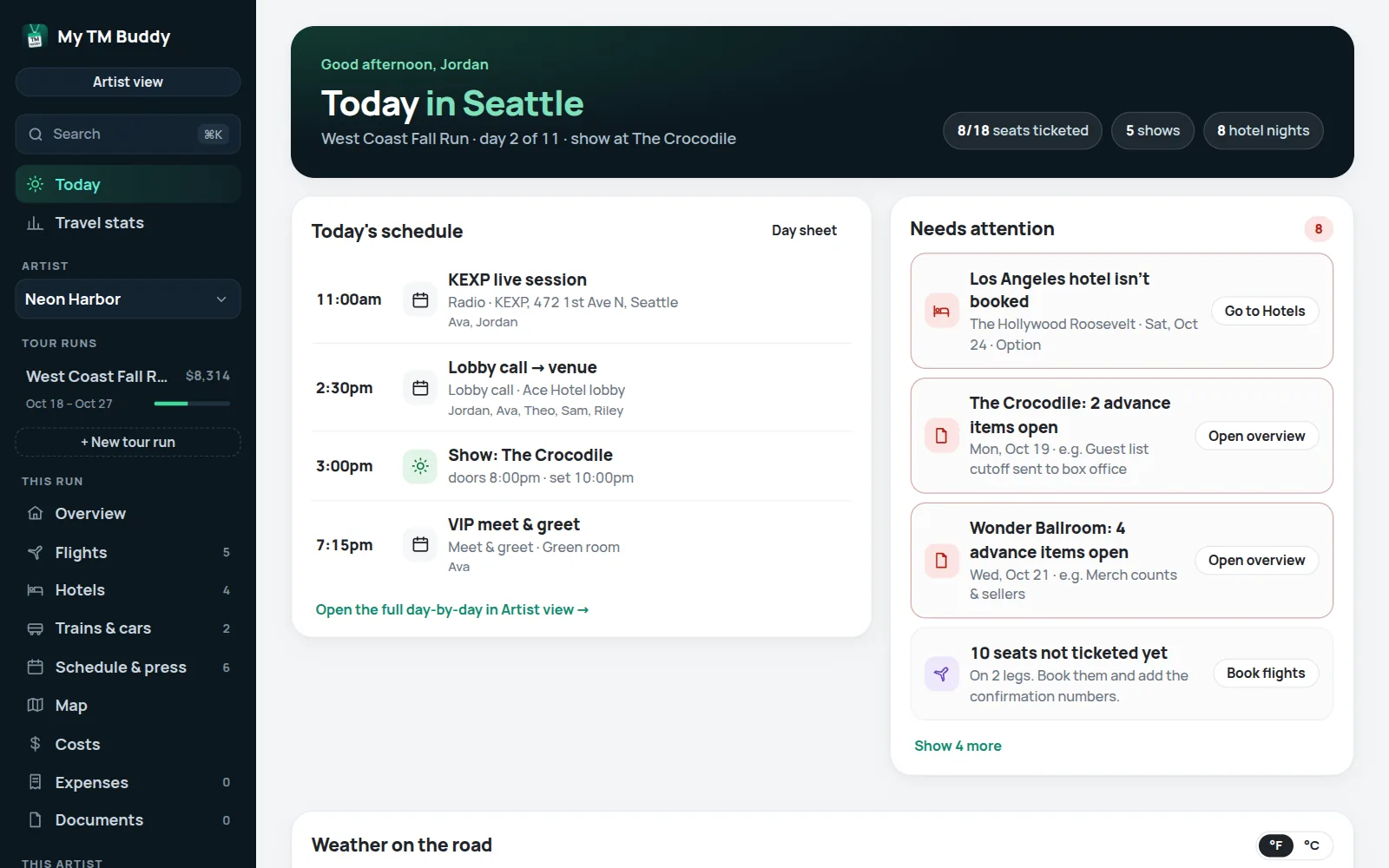 My TM Buddy on desktop: the Today screen with the day's schedule, what needs attention, and the weather on the road