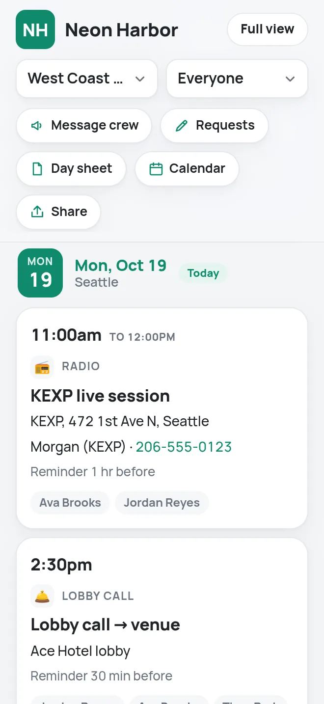 Artist view on iPhone: today's schedule with radio session, lobby call and show times